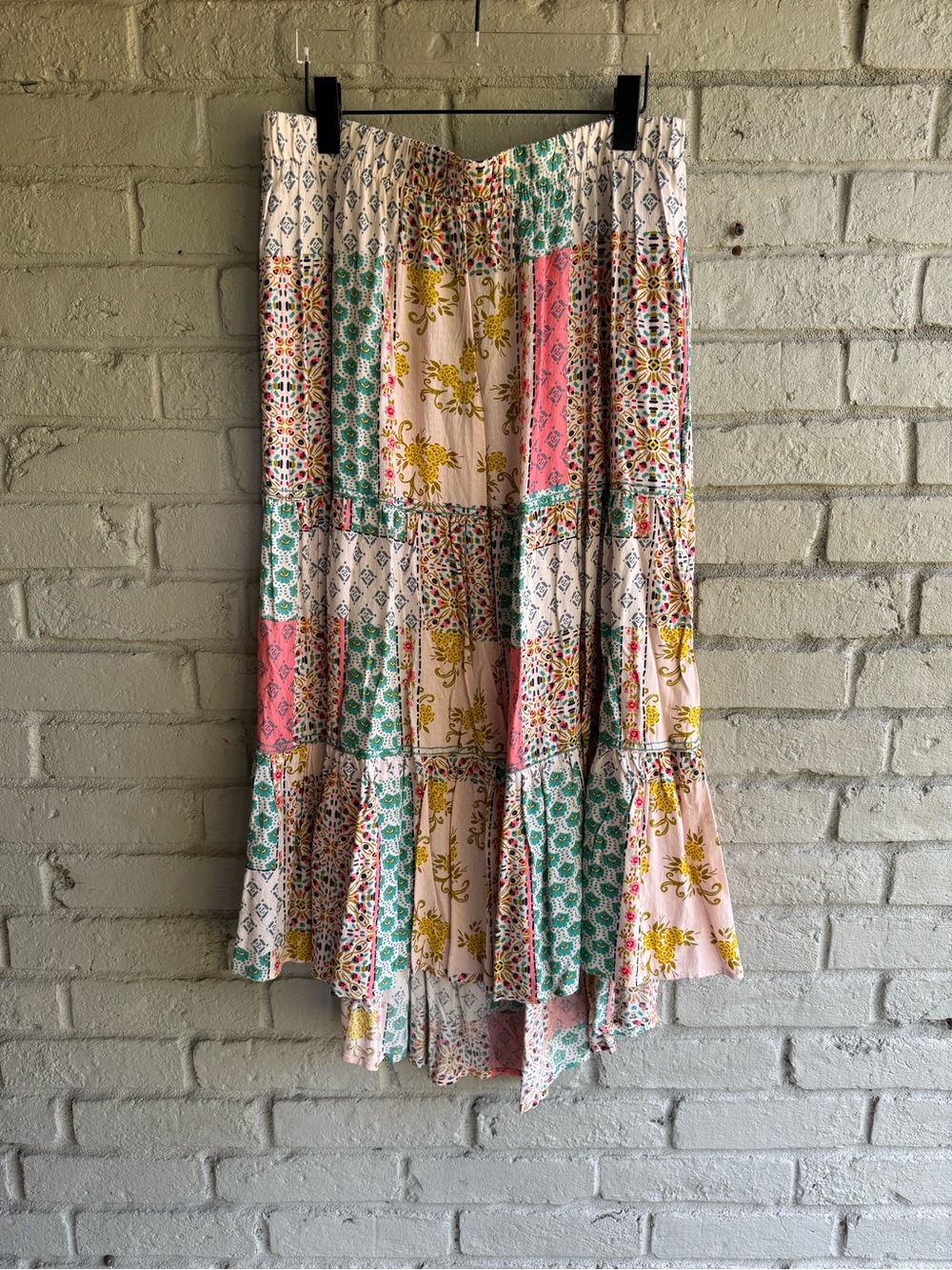Democracy Multi color Patchwork High-Low Tiered Skirt Sz XL Boho Peasant Cottage